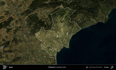 Alacanti. İspanya 'nın idari alanı, Ocak 2020' de çekilen Global Mozaik Sentinel-2 karolarından oluşan koyu renkli bir uydu görüntüsü üzerinde vurgulandı ve özetlendi.