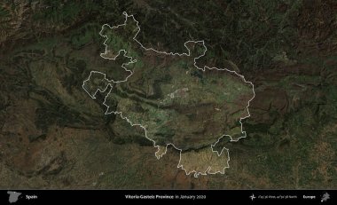 Vitoria-Gasteiz Eyaleti. İspanya 'nın idari alanı, Ocak 2020' de çekilen Global Mozaik Sentinel-2 karolarından oluşan koyu renkli bir uydu görüntüsü üzerinde vurgulandı ve özetlendi.