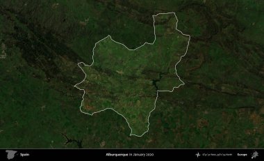 Alburquerque 'de. İspanya 'nın idari alanı, Ocak 2020' de çekilen Global Mozaik Sentinel-2 karolarından oluşan koyu renkli bir uydu görüntüsü üzerinde vurgulandı ve özetlendi.