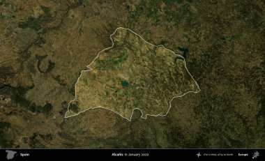 Alcaniz. İspanya 'nın idari alanı, Ocak 2020' de çekilen Global Mozaik Sentinel-2 karolarından oluşan koyu renkli bir uydu görüntüsü üzerinde vurgulandı ve özetlendi.