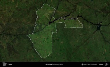 Alcantara. İspanya 'nın idari alanı, Ocak 2020' de çekilen Global Mozaik Sentinel-2 karolarından oluşan koyu renkli bir uydu görüntüsü üzerinde vurgulandı ve özetlendi.