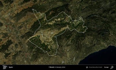 Alcoia 'da. İspanya 'nın idari alanı, Ocak 2020' de çekilen Global Mozaik Sentinel-2 karolarından oluşan koyu renkli bir uydu görüntüsü üzerinde vurgulandı ve özetlendi.