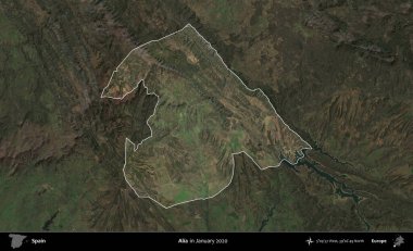 Alia. İspanya 'nın idari alanı, Ocak 2020' de çekilen Global Mozaik Sentinel-2 karolarından oluşan koyu renkli bir uydu görüntüsü üzerinde vurgulandı ve özetlendi.