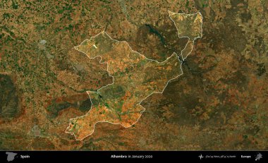 Alhambra. İspanya 'nın idari alanı, Ocak 2020' de çekilen Global Mozaik Sentinel-2 karolarından oluşan koyu renkli bir uydu görüntüsü üzerinde vurgulandı ve özetlendi.