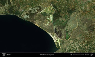 Almonte. İspanya 'nın idari alanı, Ocak 2020' de çekilen Global Mozaik Sentinel-2 karolarından oluşan koyu renkli bir uydu görüntüsü üzerinde vurgulandı ve özetlendi.