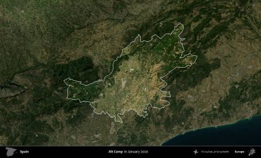 Alt Kamp. İspanya 'nın idari alanı, Ocak 2020' de çekilen Global Mozaik Sentinel-2 karolarından oluşan koyu renkli bir uydu görüntüsü üzerinde vurgulandı ve özetlendi.