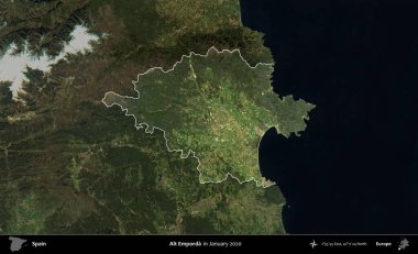 Alt Emporda. İspanya 'nın idari alanı, Ocak 2020' de çekilen Global Mozaik Sentinel-2 karolarından oluşan koyu renkli bir uydu görüntüsü üzerinde vurgulandı ve özetlendi.