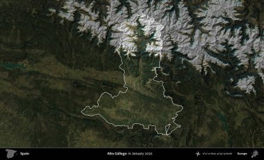 Alto Gallego. İspanya 'nın idari alanı, Ocak 2020' de çekilen Global Mozaik Sentinel-2 karolarından oluşan koyu renkli bir uydu görüntüsü üzerinde vurgulandı ve özetlendi.