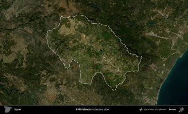 l'Alt Palancia. İspanya 'nın idari alanı, Ocak 2020' de çekilen Global Mozaik Sentinel-2 karolarından oluşan koyu renkli bir uydu görüntüsü üzerinde vurgulandı ve özetlendi.