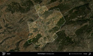 l'Alt Vinalopo. İspanya 'nın idari alanı, Ocak 2020' de çekilen Global Mozaik Sentinel-2 karolarından oluşan koyu renkli bir uydu görüntüsü üzerinde vurgulandı ve özetlendi.