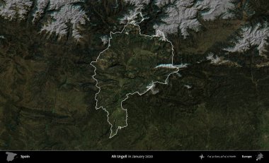 Alt Urgell. İspanya 'nın idari alanı, Ocak 2020' de çekilen Global Mozaik Sentinel-2 karolarından oluşan koyu renkli bir uydu görüntüsü üzerinde vurgulandı ve özetlendi.