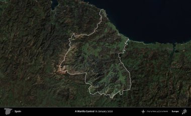 Marina Central 'da. İspanya 'nın idari alanı, Ocak 2020' de çekilen Global Mozaik Sentinel-2 karolarından oluşan koyu renkli bir uydu görüntüsü üzerinde vurgulandı ve özetlendi.