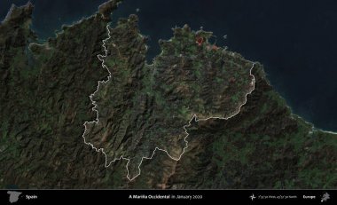 Bir Marina Occidental. İspanya 'nın idari alanı, Ocak 2020' de çekilen Global Mozaik Sentinel-2 karolarından oluşan koyu renkli bir uydu görüntüsü üzerinde vurgulandı ve özetlendi.