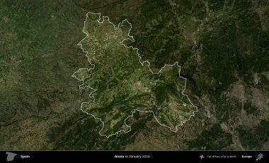 Anoia. İspanya 'nın idari alanı, Ocak 2020' de çekilen Global Mozaik Sentinel-2 karolarından oluşan koyu renkli bir uydu görüntüsü üzerinde vurgulandı ve özetlendi.