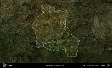 Antequera. İspanya 'nın idari alanı, Ocak 2020' de çekilen Global Mozaik Sentinel-2 karolarından oluşan koyu renkli bir uydu görüntüsü üzerinde vurgulandı ve özetlendi.
