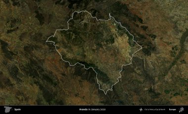 Aranda. İspanya 'nın idari alanı, Ocak 2020' de çekilen Global Mozaik Sentinel-2 karolarından oluşan koyu renkli bir uydu görüntüsü üzerinde vurgulandı ve özetlendi.