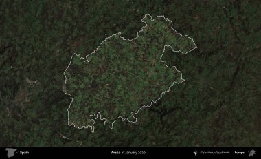 Arzua. İspanya 'nın idari alanı, Ocak 2020' de çekilen Global Mozaik Sentinel-2 karolarından oluşan koyu renkli bir uydu görüntüsü üzerinde vurgulandı ve özetlendi.