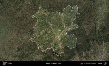 Kafesler. İspanya 'nın idari alanı, Ocak 2020' de çekilen Global Mozaik Sentinel-2 karolarından oluşan koyu renkli bir uydu görüntüsü üzerinde vurgulandı ve özetlendi.