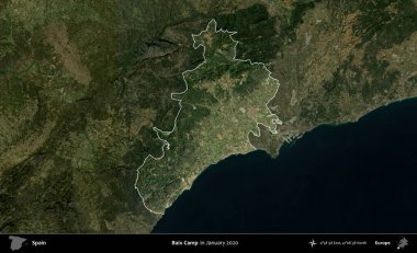 Baix Kampı. İspanya 'nın idari alanı, Ocak 2020' de çekilen Global Mozaik Sentinel-2 karolarından oluşan koyu renkli bir uydu görüntüsü üzerinde vurgulandı ve özetlendi.