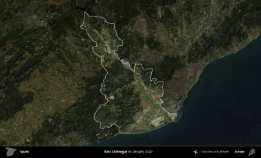 Baix Llobregat. İspanya 'nın idari alanı, Ocak 2020' de çekilen Global Mozaik Sentinel-2 karolarından oluşan koyu renkli bir uydu görüntüsü üzerinde vurgulandı ve özetlendi.