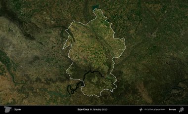 Bajo Cinca. İspanya 'nın idari alanı, Ocak 2020' de çekilen Global Mozaik Sentinel-2 karolarından oluşan koyu renkli bir uydu görüntüsü üzerinde vurgulandı ve özetlendi.