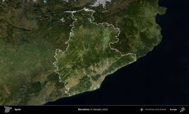 Barselona 'da. İspanya 'nın idari alanı, Ocak 2020' de çekilen Global Mozaik Sentinel-2 karolarından oluşan koyu renkli bir uydu görüntüsü üzerinde vurgulandı ve özetlendi.