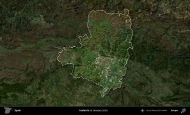 Irunerria. İspanya 'nın idari alanı, Ocak 2020' de çekilen Global Mozaik Sentinel-2 karolarından oluşan koyu renkli bir uydu görüntüsü üzerinde vurgulandı ve özetlendi.