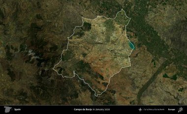 Campo de Borja 'da. İspanya 'nın idari alanı, Ocak 2020' de çekilen Global Mozaik Sentinel-2 karolarından oluşan koyu renkli bir uydu görüntüsü üzerinde vurgulandı ve özetlendi.