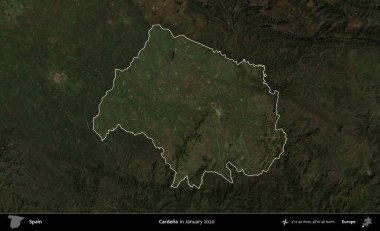 Cardena. İspanya 'nın idari alanı, Ocak 2020' de çekilen Global Mozaik Sentinel-2 karolarından oluşan koyu renkli bir uydu görüntüsü üzerinde vurgulandı ve özetlendi.