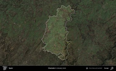 Chantada. İspanya 'nın idari alanı, Ocak 2020' de çekilen Global Mozaik Sentinel-2 karolarından oluşan koyu renkli bir uydu görüntüsü üzerinde vurgulandı ve özetlendi.