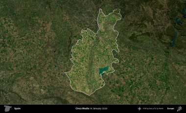 Cinca Medio. İspanya 'nın idari alanı, Ocak 2020' de çekilen Global Mozaik Sentinel-2 karolarından oluşan koyu renkli bir uydu görüntüsü üzerinde vurgulandı ve özetlendi.