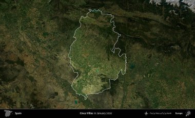 Cinco Villası. İspanya 'nın idari alanı, Ocak 2020' de çekilen Global Mozaik Sentinel-2 karolarından oluşan koyu renkli bir uydu görüntüsü üzerinde vurgulandı ve özetlendi.