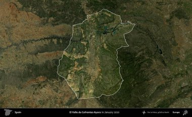 El Valle de Cofrentes-Ayora. İspanya 'nın idari alanı, Ocak 2020' de çekilen Global Mozaik Sentinel-2 karolarından oluşan koyu renkli bir uydu görüntüsü üzerinde vurgulandı ve özetlendi.