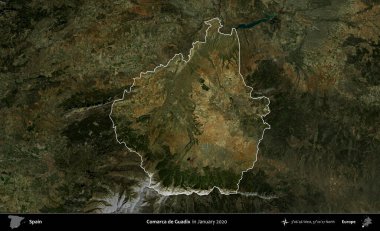 Comarca de Guadix. İspanya 'nın idari alanı, Ocak 2020' de çekilen Global Mozaik Sentinel-2 karolarından oluşan koyu renkli bir uydu görüntüsü üzerinde vurgulandı ve özetlendi.