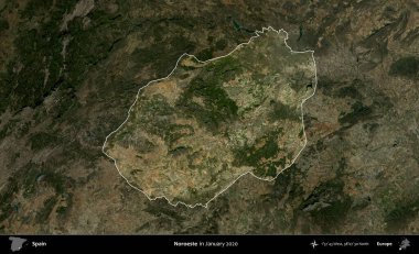 Noroeste. İspanya 'nın idari alanı, Ocak 2020' de çekilen Global Mozaik Sentinel-2 karolarından oluşan koyu renkli bir uydu görüntüsü üzerinde vurgulandı ve özetlendi.