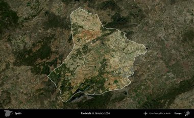 Rio Mula. İspanya 'nın idari alanı, Ocak 2020' de çekilen Global Mozaik Sentinel-2 karolarından oluşan koyu renkli bir uydu görüntüsü üzerinde vurgulandı ve özetlendi.