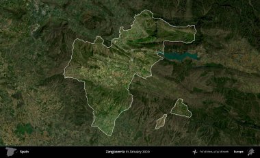 Zangozerria. İspanya 'nın idari alanı, Ocak 2020' de çekilen Global Mozaik Sentinel-2 karolarından oluşan koyu renkli bir uydu görüntüsü üzerinde vurgulandı ve özetlendi.