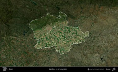 Cordoba. İspanya 'nın idari alanı, Ocak 2020' de çekilen Global Mozaik Sentinel-2 karolarından oluşan koyu renkli bir uydu görüntüsü üzerinde vurgulandı ve özetlendi.