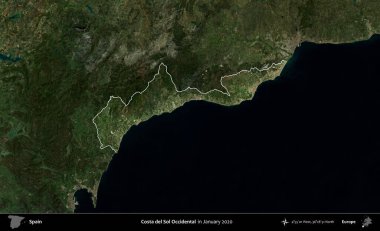 Costa del Sol Batı Yakası. İspanya 'nın idari alanı, Ocak 2020' de çekilen Global Mozaik Sentinel-2 karolarından oluşan koyu renkli bir uydu görüntüsü üzerinde vurgulandı ve özetlendi.