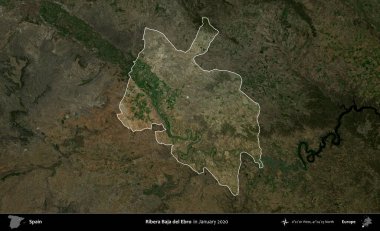 Ribera Baja del Ebro. İspanya 'nın idari alanı, Ocak 2020' de çekilen Global Mozaik Sentinel-2 karolarından oluşan koyu renkli bir uydu görüntüsü üzerinde vurgulandı ve özetlendi.