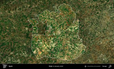 Ecija. İspanya 'nın idari alanı, Ocak 2020' de çekilen Global Mozaik Sentinel-2 karolarından oluşan koyu renkli bir uydu görüntüsü üzerinde vurgulandı ve özetlendi.