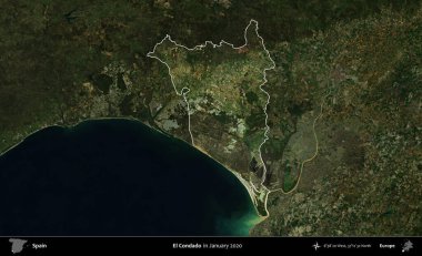 El Condado 'da. İspanya 'nın idari alanı, Ocak 2020' de çekilen Global Mozaik Sentinel-2 karolarından oluşan koyu renkli bir uydu görüntüsü üzerinde vurgulandı ve özetlendi.
