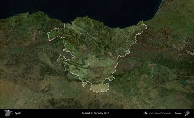 Euskadi. İspanya 'nın idari alanı, Ocak 2020' de çekilen Global Mozaik Sentinel-2 karolarından oluşan koyu renkli bir uydu görüntüsü üzerinde vurgulandı ve özetlendi.