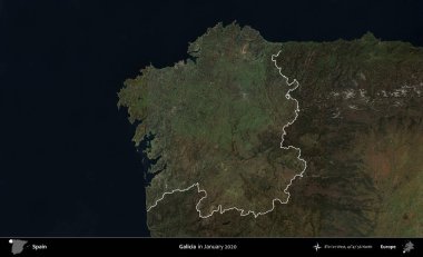 Galiçya. İspanya 'nın idari alanı, Ocak 2020' de çekilen Global Mozaik Sentinel-2 karolarından oluşan koyu renkli bir uydu görüntüsü üzerinde vurgulandı ve özetlendi.