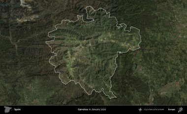 Boğulma. İspanya 'nın idari alanı, Ocak 2020' de çekilen Global Mozaik Sentinel-2 karolarından oluşan koyu renkli bir uydu görüntüsü üzerinde vurgulandı ve özetlendi.