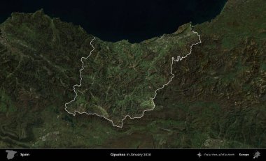 Gipuzkoa. İspanya 'nın idari alanı, Ocak 2020' de çekilen Global Mozaik Sentinel-2 karolarından oluşan koyu renkli bir uydu görüntüsü üzerinde vurgulandı ve özetlendi.