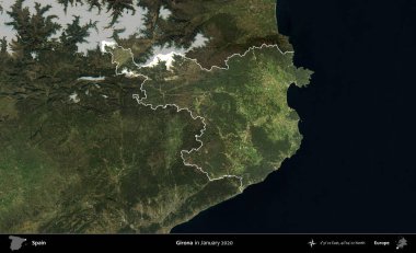 Girona. İspanya 'nın idari alanı, Ocak 2020' de çekilen Global Mozaik Sentinel-2 karolarından oluşan koyu renkli bir uydu görüntüsü üzerinde vurgulandı ve özetlendi.