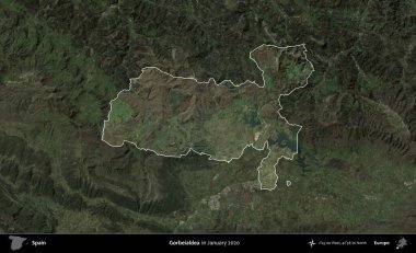 Gorbeialdea. İspanya 'nın idari alanı, Ocak 2020' de çekilen Global Mozaik Sentinel-2 karolarından oluşan koyu renkli bir uydu görüntüsü üzerinde vurgulandı ve özetlendi.