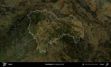 Guadalajara. İspanya 'nın idari alanı, Ocak 2020' de çekilen Global Mozaik Sentinel-2 karolarından oluşan koyu renkli bir uydu görüntüsü üzerinde vurgulandı ve özetlendi.