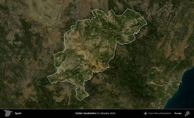 Gudar-Javalambre. İspanya 'nın idari alanı, Ocak 2020' de çekilen Global Mozaik Sentinel-2 karolarından oluşan koyu renkli bir uydu görüntüsü üzerinde vurgulandı ve özetlendi.